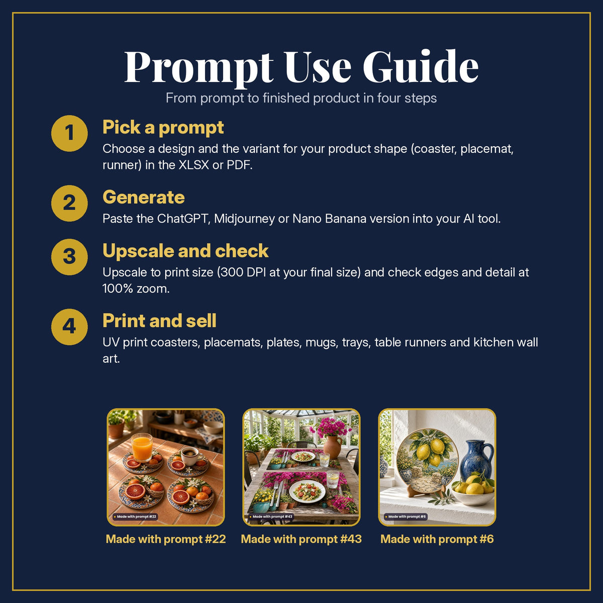 Prompt Use Guide in four steps: pick a prompt, generate, upscale and check, print and sell, with example products made with prompt #22, prompt #43, prompt #6