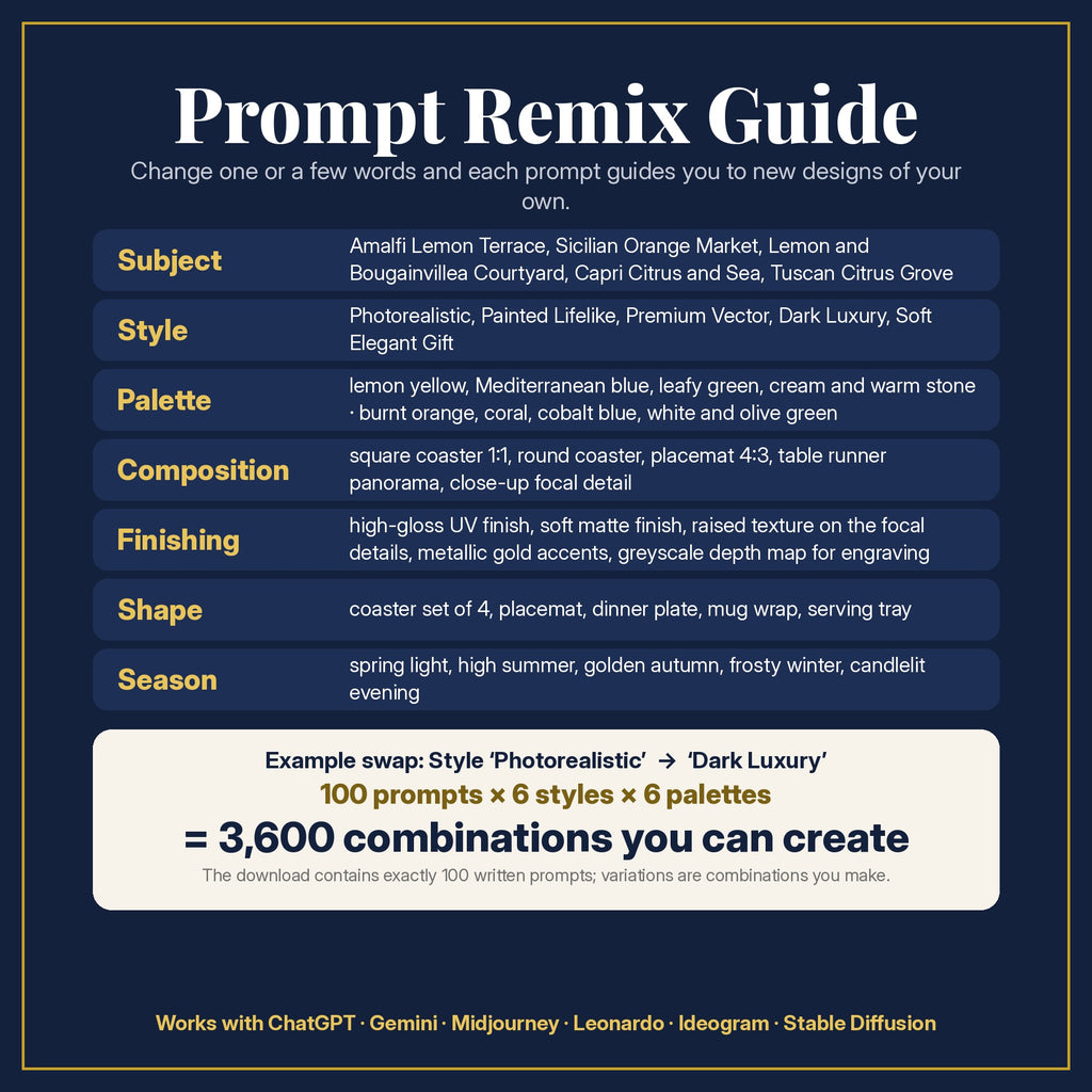 Prompt Remix Guide: change subject, style, palette, composition, finishing, shape and season; 100 prompts × 6 styles × 6 palettes = 3,600 combinations you can create