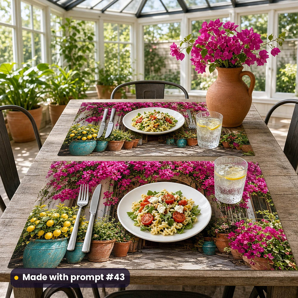 Two placemats printed with a courtyard of magenta bougainvillea, lemon trees and turquoise pots, set with pasta salad and iced lemon water in a sunny conservatory, made with prompt #43