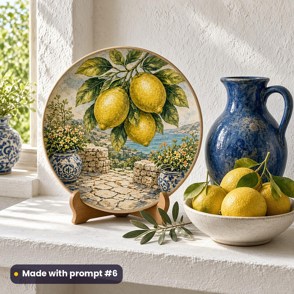 Round plate painted with glossy lemons and leaves above a stone terrace with blue ceramic pots and the sea, on a white shelf beside a blue jug and lemons, made with prompt #6