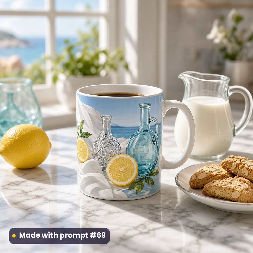 White mug with a vector print of lemon slices, sea-blue glass bottles and white linen by the sea, on a marble counter with a lemon, milk and almond biscuits, made with prompt #69