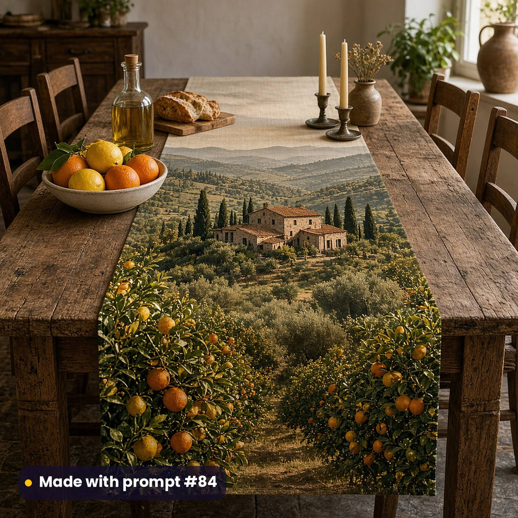 Long table runner printed with a citrus grove of orange and lemon trees around a stone farmhouse and rolling hills, on a rustic dining table with fruit, olive oil, bread and candles, made with prompt #84