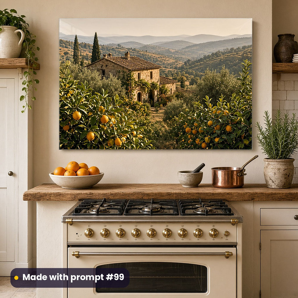 Acrylic wall art of orange and lemon trees around an old stone farmhouse with hazy hills and cypress trees, above a cream range cooker with oranges and a copper pan, made with prompt #99