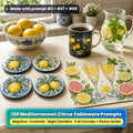 Citrus tableware on a cream kitchen table: round coasters printed with majolica-style lemons, a placemat painted with citrus slices and sparkling cocktail glasses, and a mug printed with lemons under lantern light, beside lemons and mint water, made with prompt #2 + #27 + #89