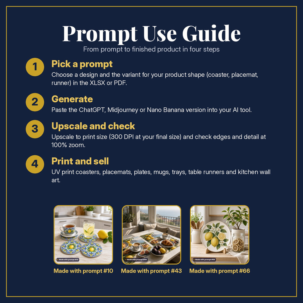 Prompt Use Guide in four steps: pick a prompt, generate, upscale and check, print and sell, with example products made with prompt #10, prompt #43, prompt #66