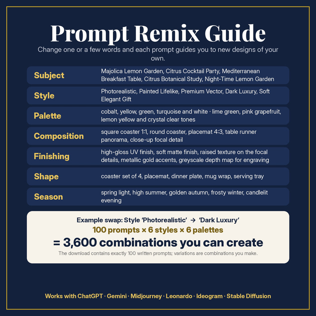 Prompt Remix Guide: change subject, style, palette, composition, finishing, shape and season; 100 prompts × 6 styles × 6 palettes = 3,600 combinations you can create