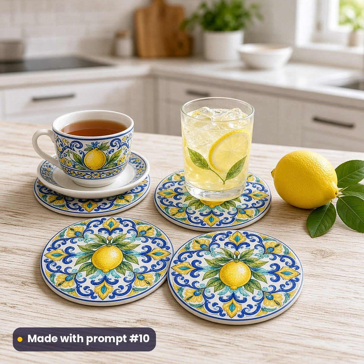 Four round coasters with a vector majolica pattern of lemons and cobalt and yellow scrollwork, with tea and lemonade on a pale oak worktop beside a lemon, made with prompt #10