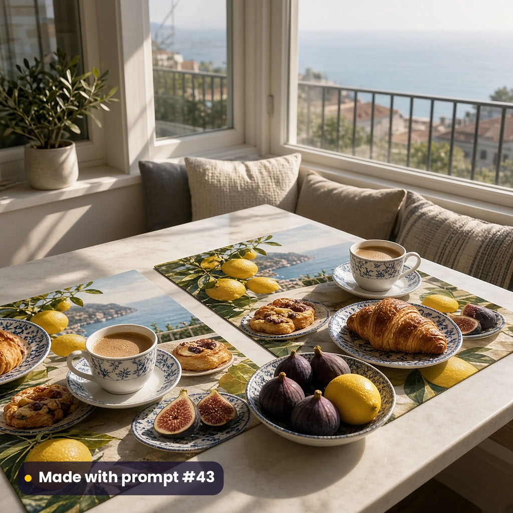 Two placemats printed with lemons, leaves and a sea view from a balcony, laid with coffee, croissants, figs and blue-patterned plates in a sunny window seat, made with prompt #43