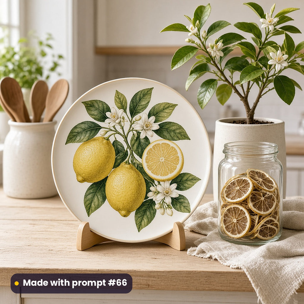 Round plate painted with a botanical study of lemons, white blossom and a cut lemon on ivory, on a stand beside a potted lemon tree and a jar of dried lemon slices, made with prompt #66