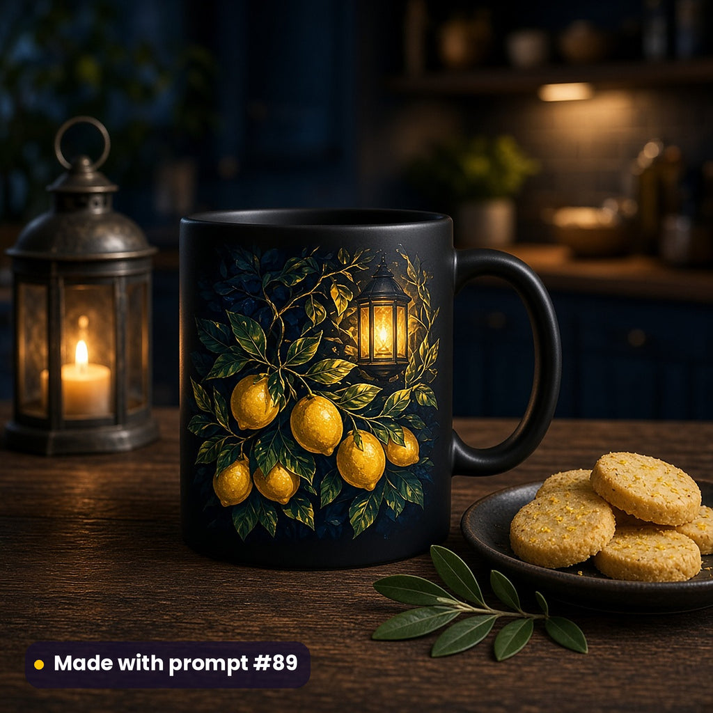 Matte black mug with a vector print of golden lemons and a glowing lantern in a dark night garden, beside a candle lantern and lemon biscuits, made with prompt #89