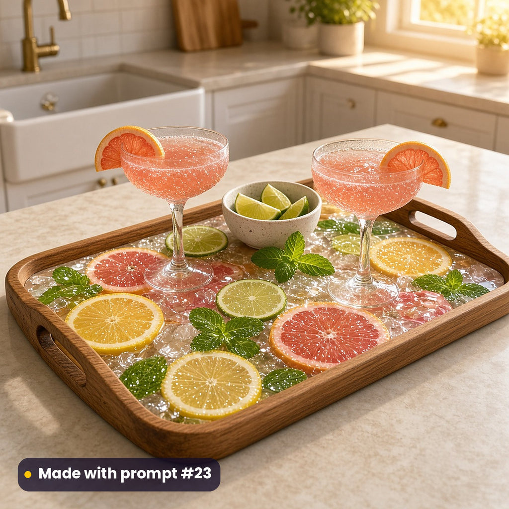 Wooden serving tray printed with lemon, lime and pink grapefruit slices, mint and ice, holding two grapefruit spritz coupes and lime wedges on a stone kitchen island, made with prompt #23