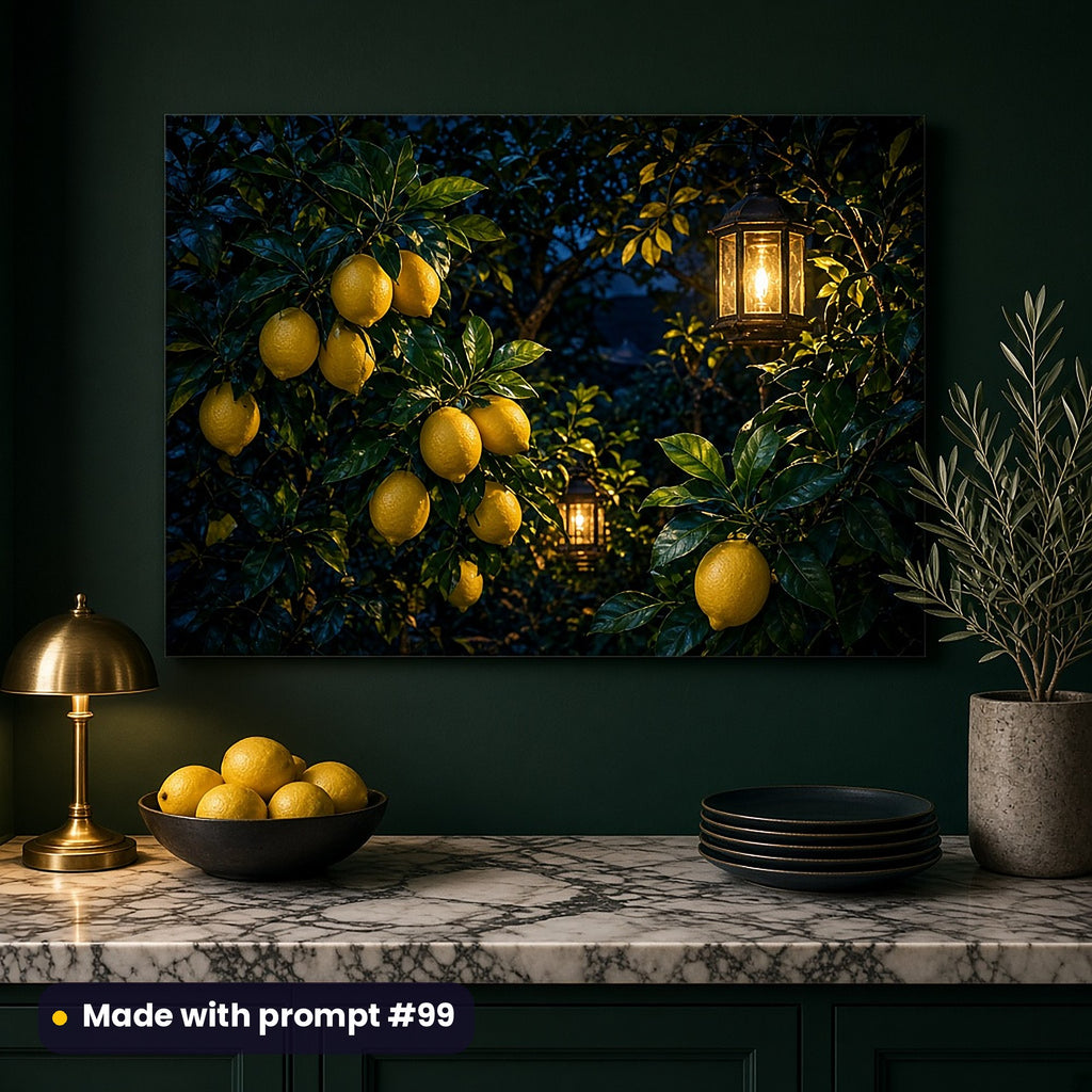 Acrylic wall art of golden lemons glowing among dark leaves under hanging lanterns, on a dark green kitchen wall above a marble counter with a brass lamp and lemons, made with prompt #99