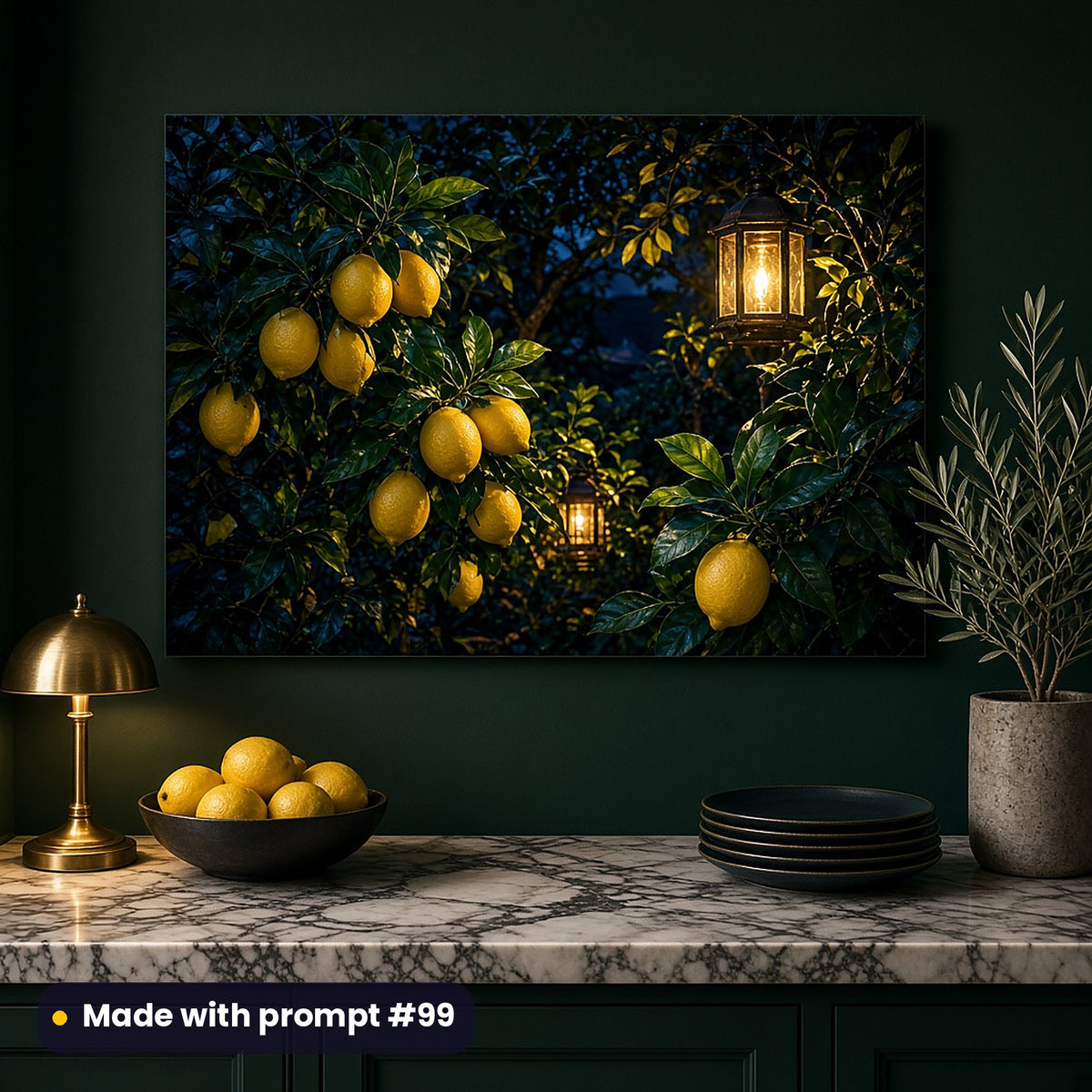 Acrylic wall art of golden lemons glowing among dark leaves under hanging lanterns, on a dark green kitchen wall above a marble counter with a brass lamp and lemons, made with prompt #99