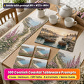 Cornish coastal tableware on an oak kitchen table: four square coasters printed with a turquoise cove, a placemat printed with fishing boats in a harbour at golden hour and a table runner printed with a foxglove cliff path, made with prompt #1 + #23 + #84