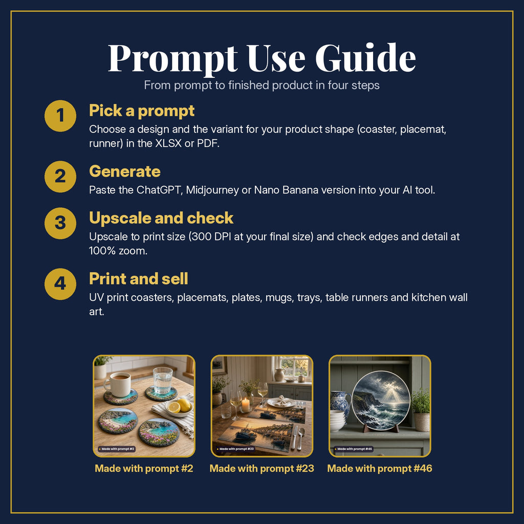 Prompt Use Guide in four steps: pick a prompt, generate, upscale and check, print and sell, with example products made with prompt #2, prompt #23, prompt #46