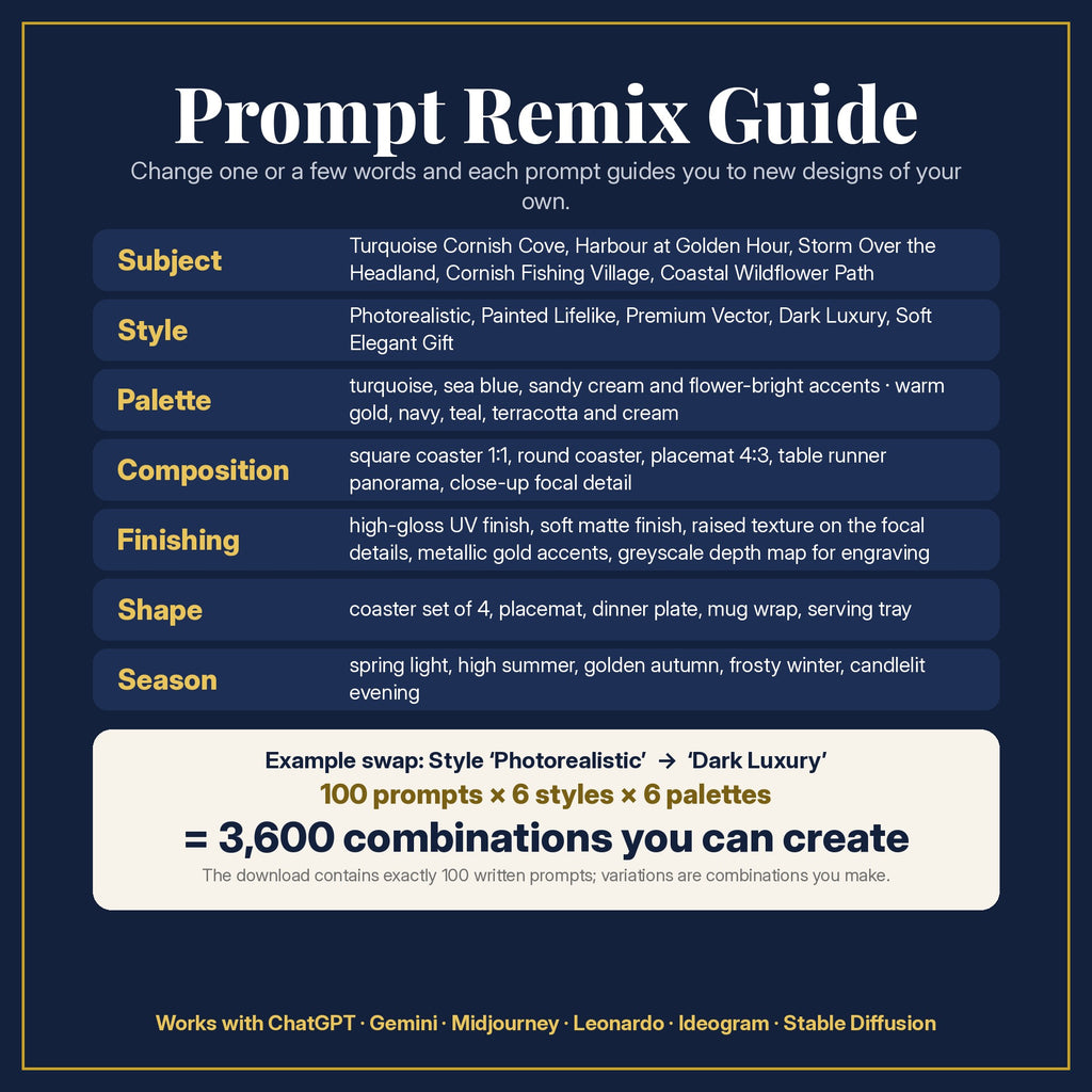 Prompt Remix Guide: change subject, style, palette, composition, finishing, shape and season; 100 prompts × 6 styles × 6 palettes = 3,600 combinations you can create