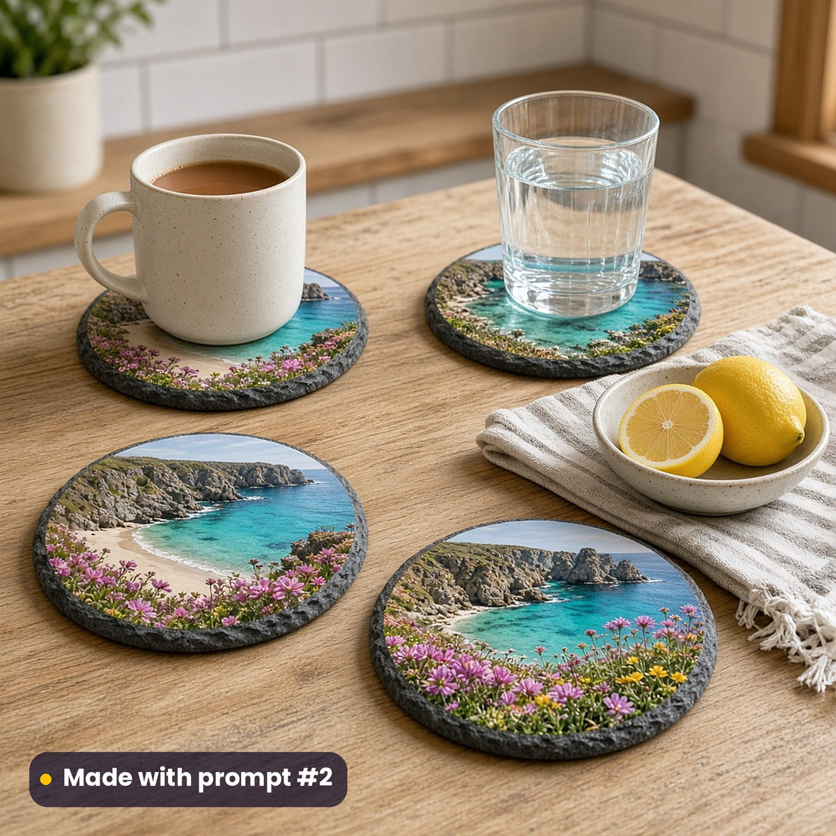 Four round slate-edged coasters printed with a turquoise Cornish-style cove, pale sand, granite cliffs and pink wildflowers, with a mug of tea and a glass of water on a pine kitchen table, made with prompt #2