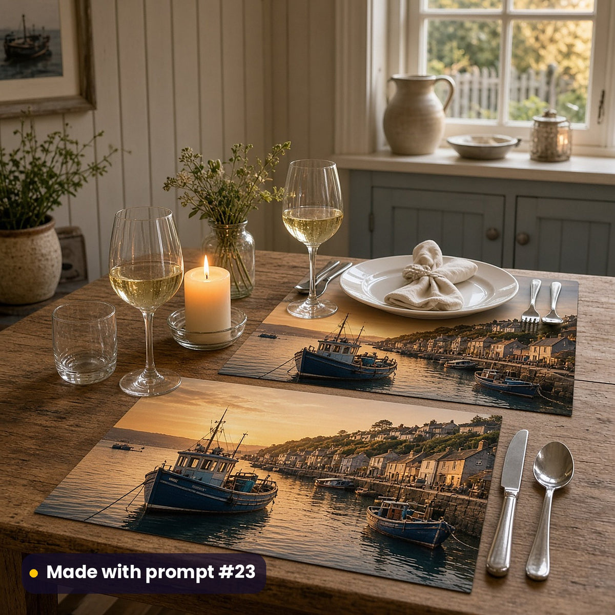 Two placemats printed with fishing boats in a harbour at golden hour and glowing hillside cottages, laid for dinner with plates, wine glasses and a candle in a cottage dining room, made with prompt #23