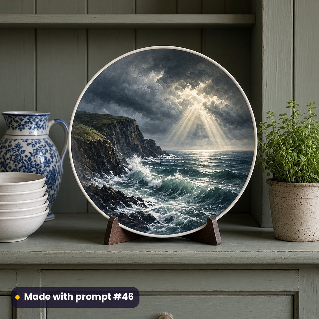 Round decorative plate painted with a stormy coastal headland, breaking waves and shafts of sunlight, on a stand on a sage green kitchen dresser beside a blue and white jug, made with prompt #46