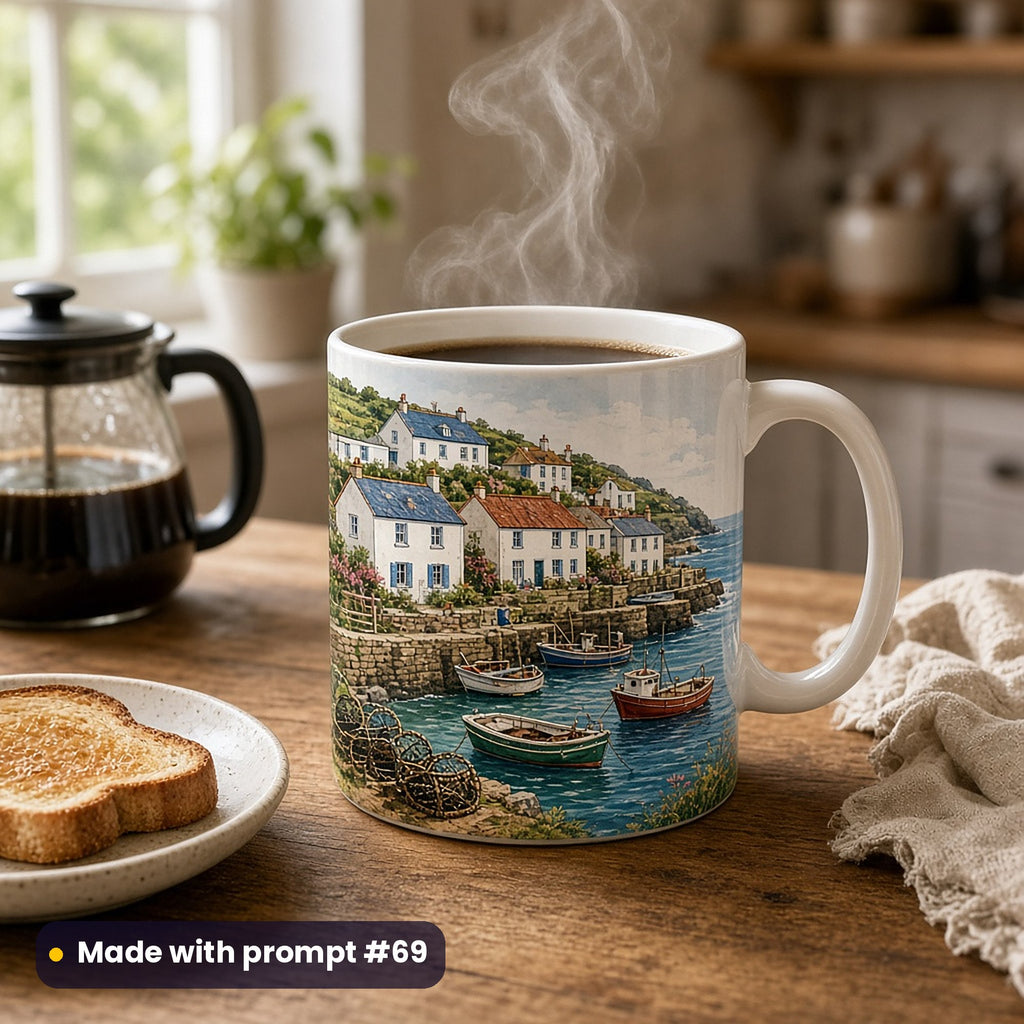 White mug with a wrap-around vector print of a hillside fishing village with whitewashed cottages, harbour walls, lobster pots and small boats, steaming beside a coffee pot and toast, made with prompt #69