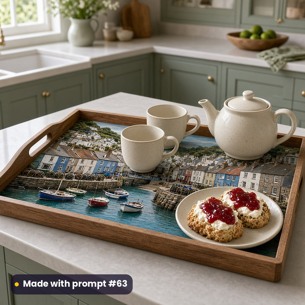 Wooden serving tray printed with a fishing village of stepped cottages and colourful boats, holding a teapot, two cups and scones with jam and cream on a kitchen island, made with prompt #63