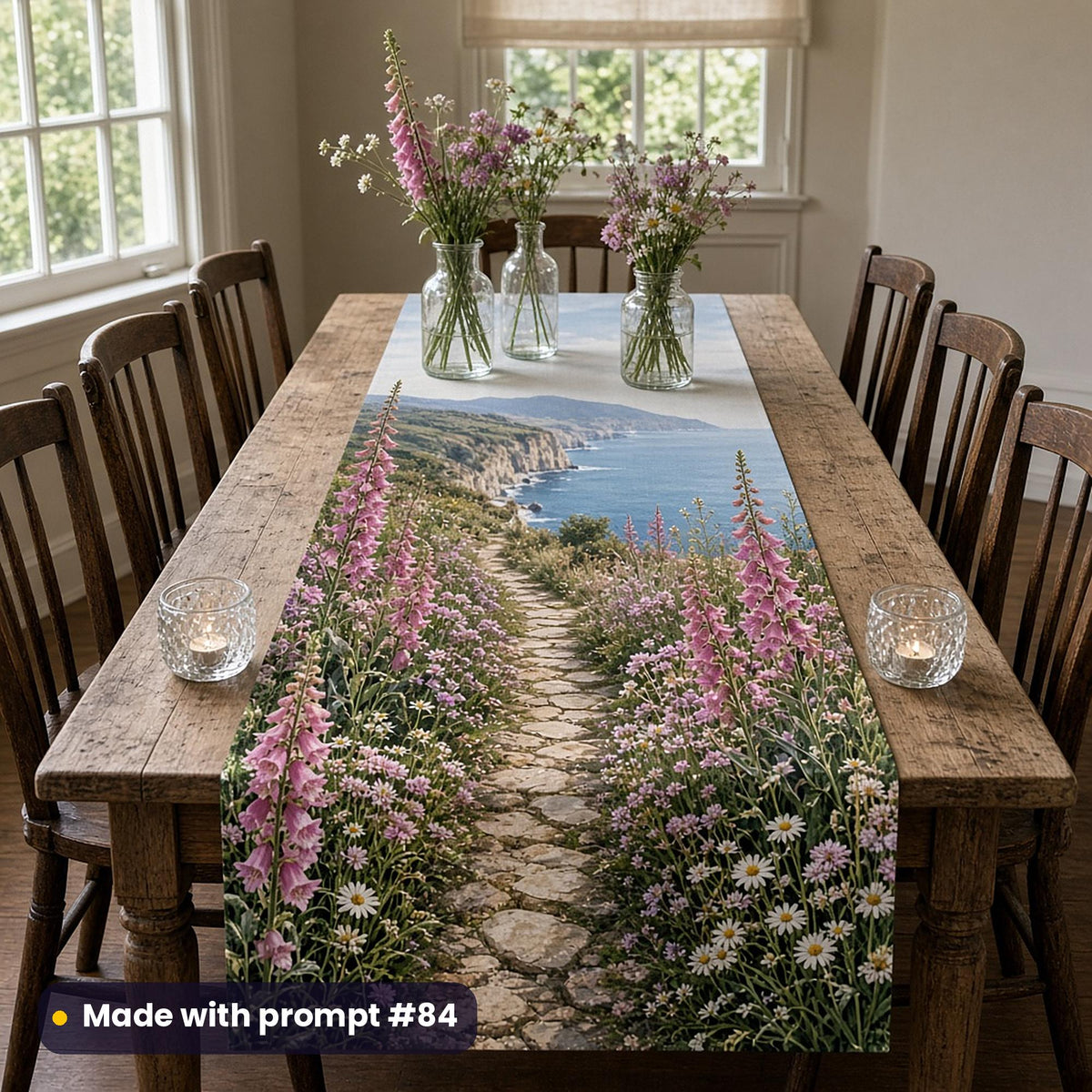 Long table runner printed with a stone cliff path between pink foxgloves, thrift and daisies leading to a blue bay, on a farmhouse dining table with wildflower vases and tea lights, made with prompt #84
