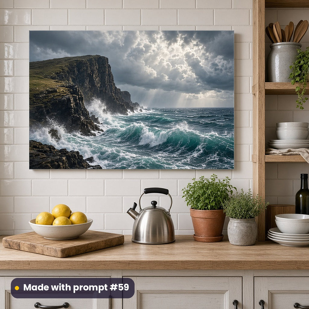 Acrylic wall art panel of a storm over a coastal headland with breaking teal waves, hanging above a kitchen counter with lemons, a kettle and potted herbs, made with prompt #59