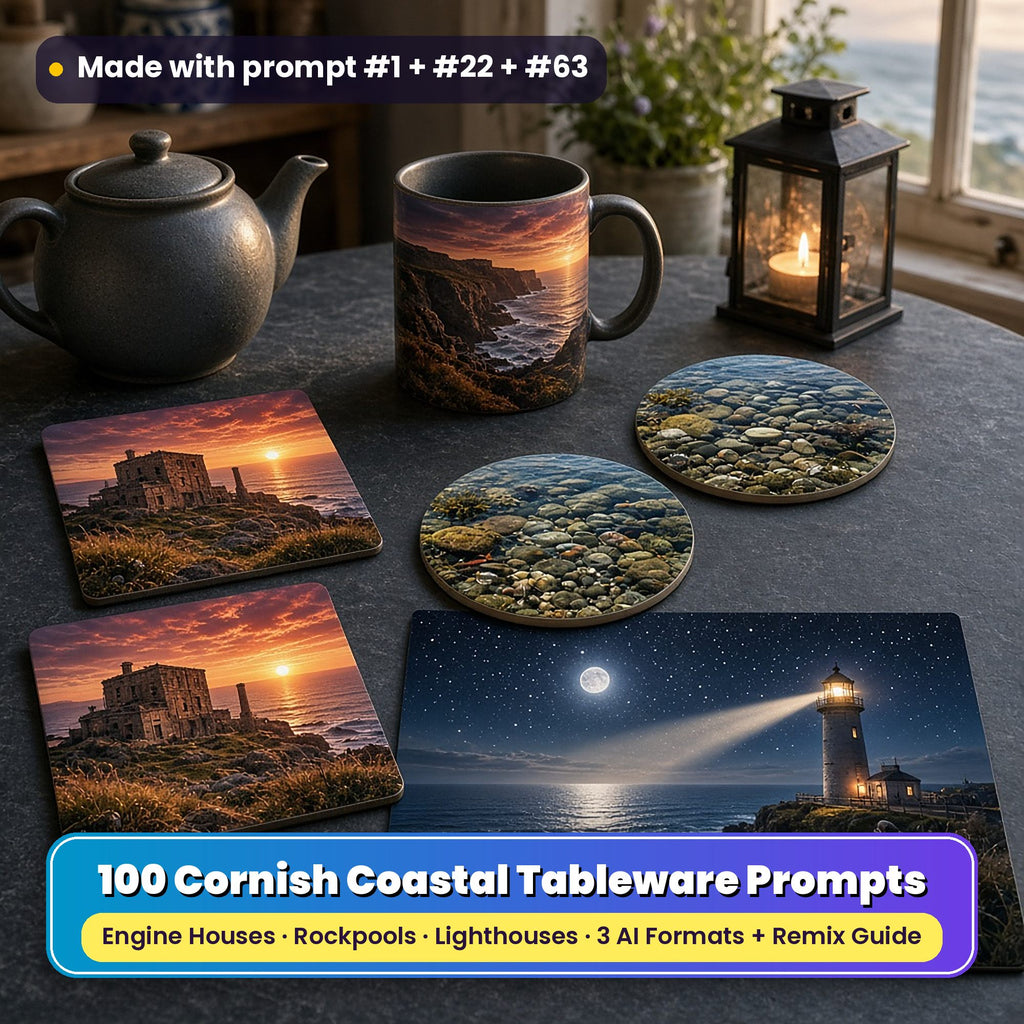 Cornish coastal tableware on a slate table: square coasters printed with a stone mine engine house at sunset, round coasters printed with a clear rockpool and a placemat printed with a lighthouse beam over a moonlit sea, with a matching mug, teapot and lantern, made with prompt #1 + #22 + #63