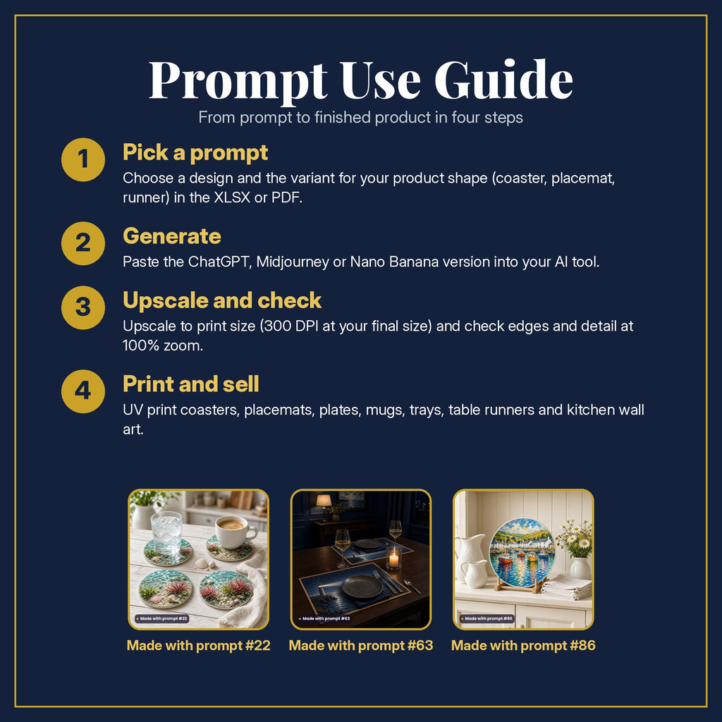 Prompt Use Guide in four steps: pick a prompt, generate, upscale and check, print and sell, with example products made with prompt #22, prompt #63, prompt #86