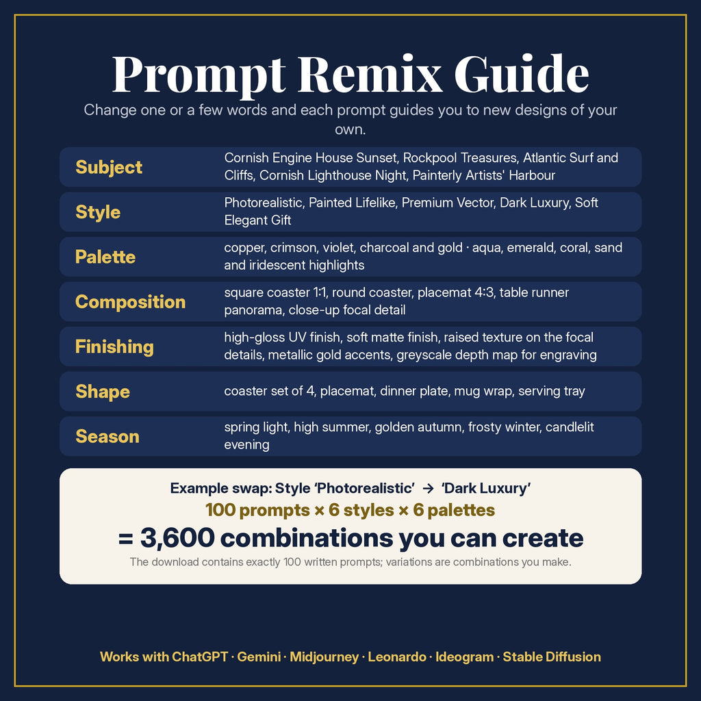 Prompt Remix Guide: change subject, style, palette, composition, finishing, shape and season; 100 prompts × 6 styles × 6 palettes = 3,600 combinations you can create