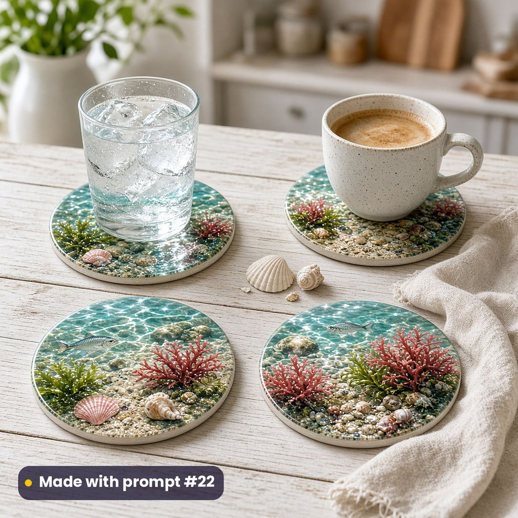 Four round coasters printed with a crystal-clear rockpool of shells, red seaweed, pebbles and small fish, with iced water and a coffee cup on a whitewashed kitchen table, made with prompt #22