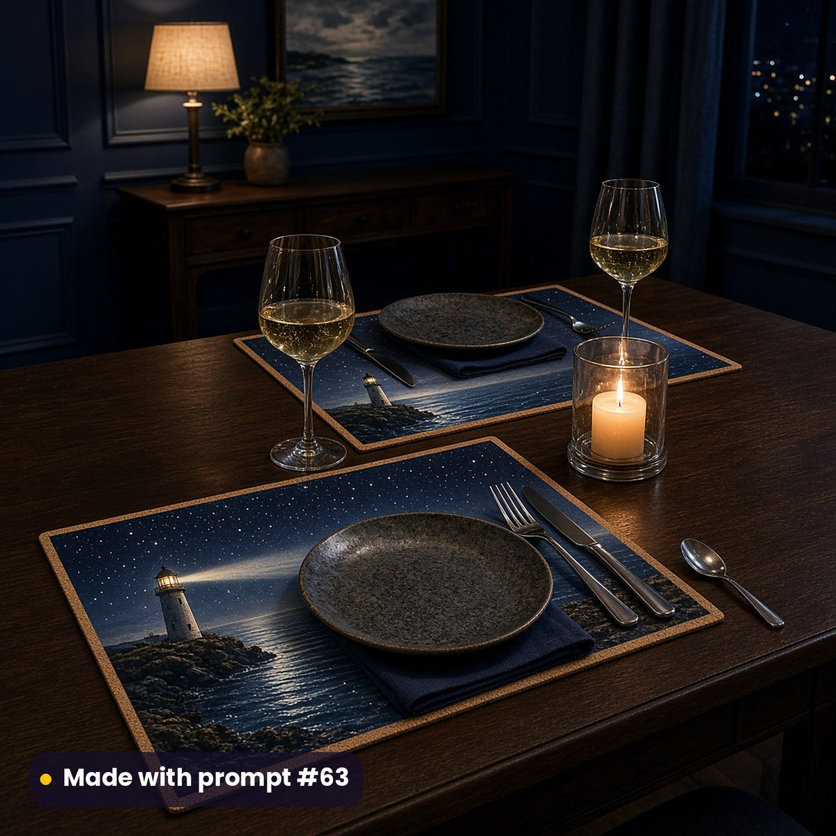 Two cork-backed placemats printed with a lighthouse casting its beam across a moonlit starry sea, set for dinner with dark stoneware plates, white wine and a candle in a navy dining room, made with prompt #63