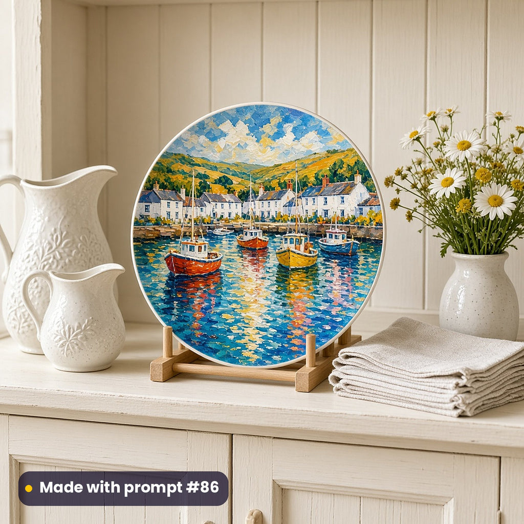 Round decorative plate painted with a bright harbour of red, yellow and blue boats, white cottages and shimmering reflections, on a stand on a cream kitchen dresser with jugs and daisies, made with prompt #86