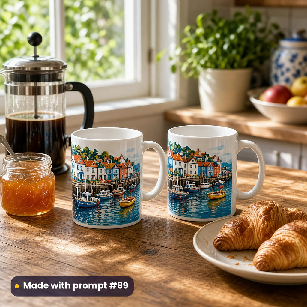 Two white mugs with a vector harbour print of colourful boats and cottages on a sunny breakfast table with a cafetière, marmalade and croissants, made with prompt #89