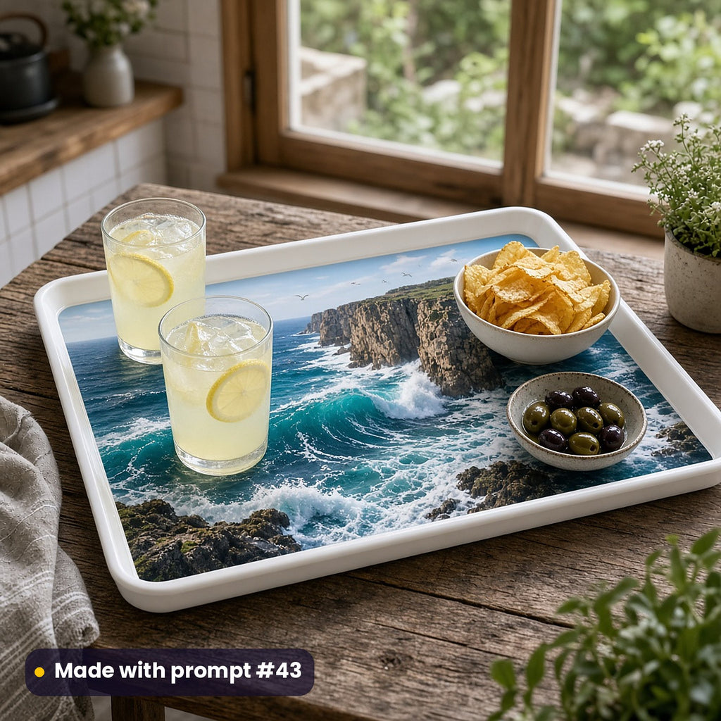 White-rimmed serving tray printed with Atlantic waves breaking against granite cliffs and seabirds, holding lemonade, crisps and olives on a rustic kitchen table, made with prompt #43