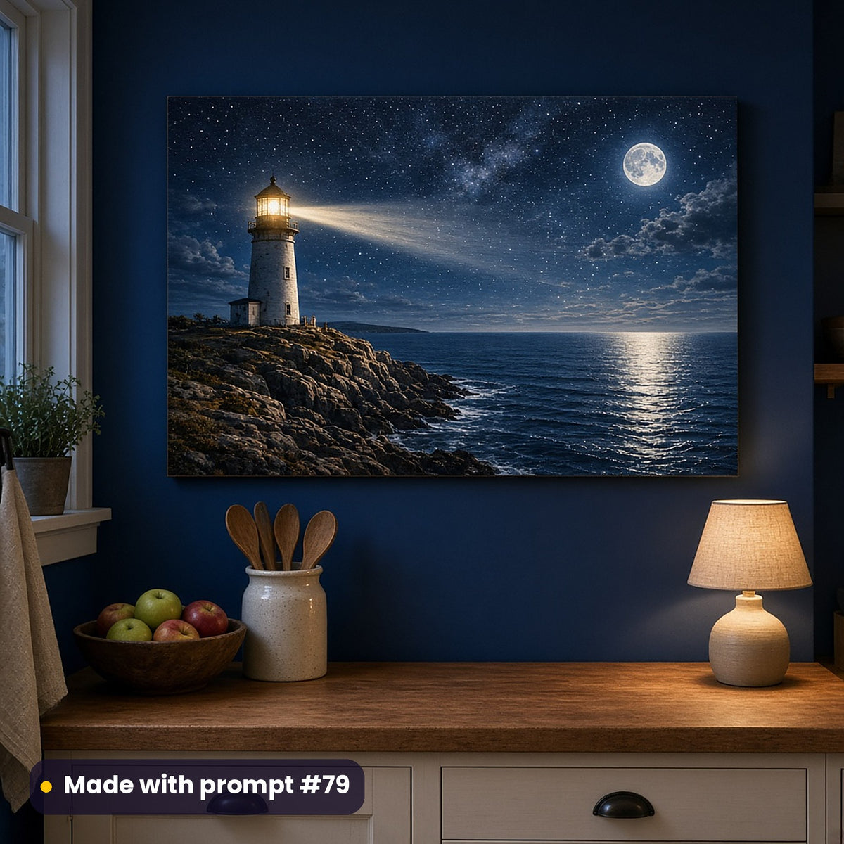 Wall art panel of a lighthouse on a rocky headland beaming across a moonlit sea under a starry sky, on a deep blue kitchen wall above a counter with apples, wooden spoons and a lamp, made with prompt #79