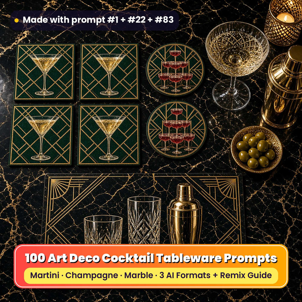 Art Deco barware on a black and gold marble bar top: square coasters printed with a martini glass on emerald with gold Deco lines, round coasters printed with a ruby champagne coupe tower, and a placemat printed with black marble and gold Deco fans, beside a crystal coupe, a gold cocktail shaker, olives and a candle, made with prompt #1 + #22 + #83