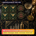 Art Deco barware on a black and gold marble bar top: square coasters printed with a martini glass on emerald with gold Deco lines, round coasters printed with a ruby champagne coupe tower, and a placemat printed with black marble and gold Deco fans, beside a crystal coupe, a gold cocktail shaker, olives and a candle, made with prompt #1 + #22 + #83