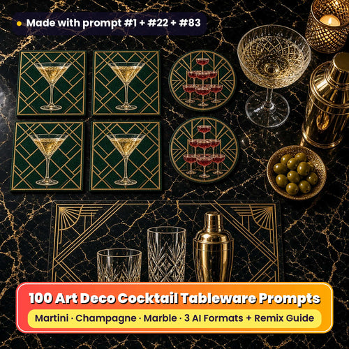 Art Deco barware on a black and gold marble bar top: square coasters printed with a martini glass on emerald with gold Deco lines, round coasters printed with a ruby champagne coupe tower, and a placemat printed with black marble and gold Deco fans, beside a crystal coupe, a gold cocktail shaker, olives and a candle, made with prompt #1 + #22 + #83