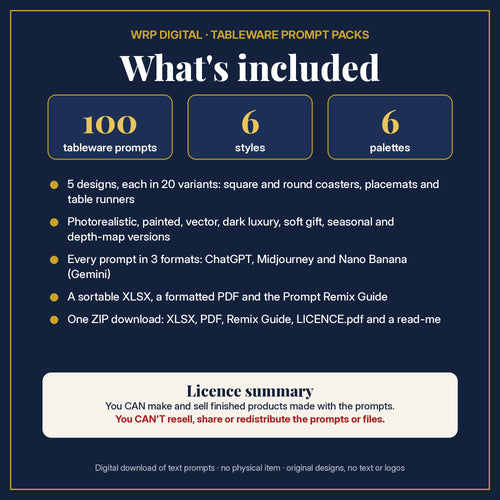 What's included: 100 tableware prompts, 6 styles, 6 palettes, 5 designs in 20 variants for coasters, placemats and table runners, 3 formats, XLSX and PDF, Prompt Remix Guide, ZIP, and a licence summary