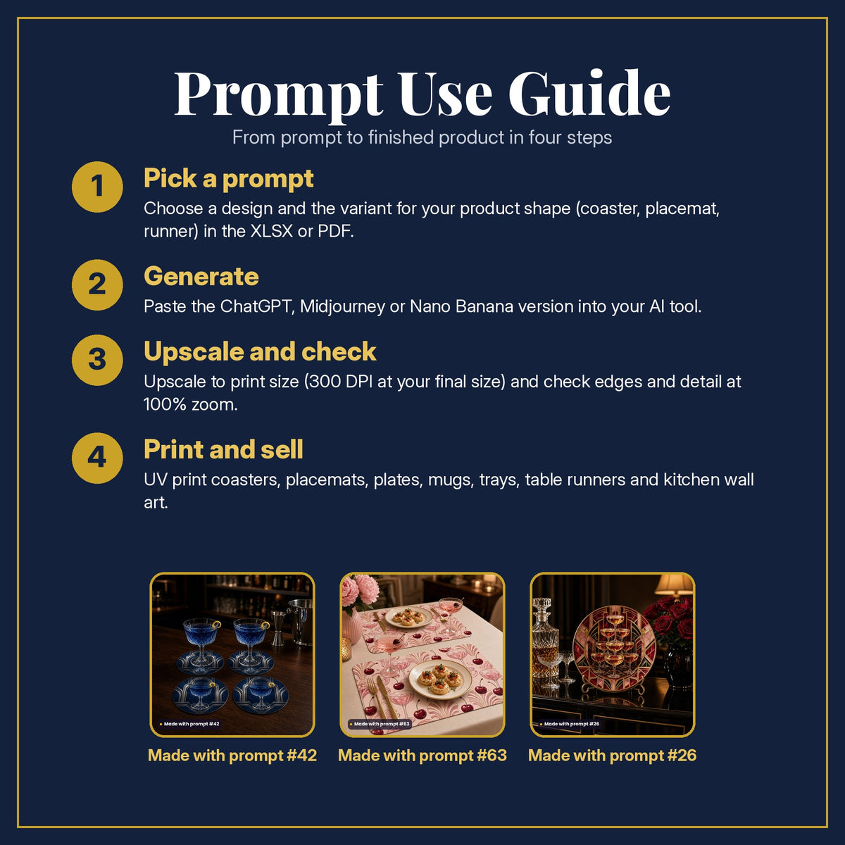 Prompt Use Guide in four steps: pick a prompt, generate, upscale and check, print and sell, with example products made with prompt #42, prompt #63, prompt #26
