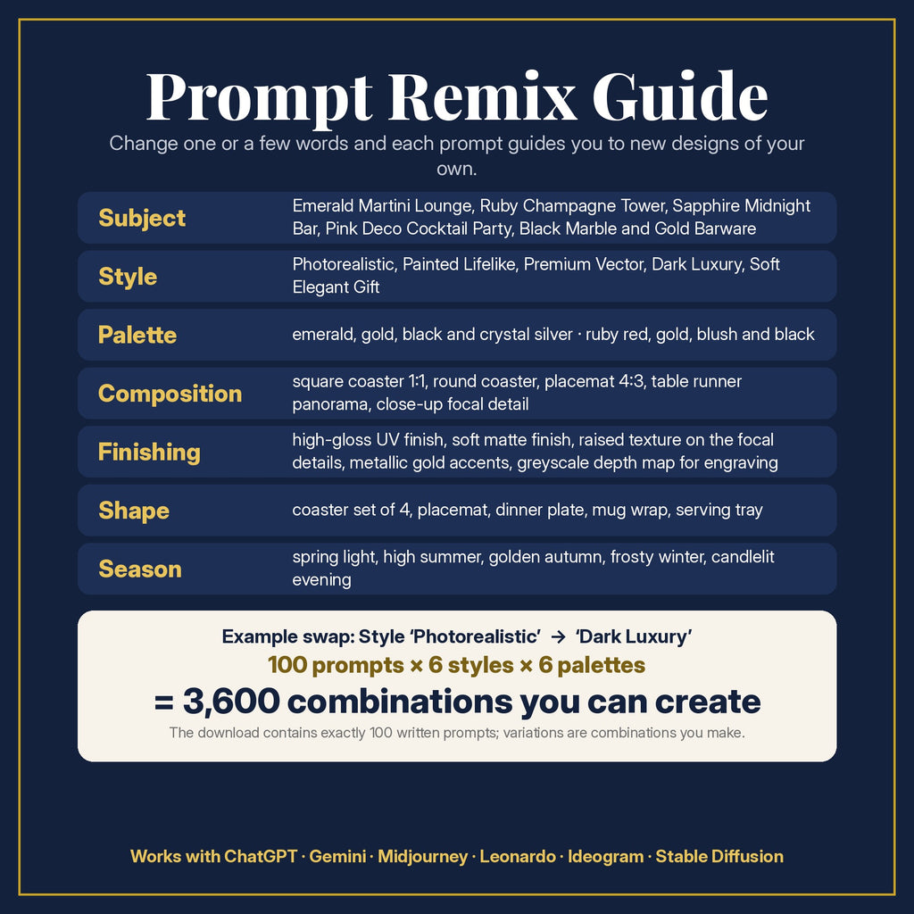 Prompt Remix Guide: change subject, style, palette, composition, finishing, shape and season; 100 prompts × 6 styles × 6 palettes = 3,600 combinations you can create