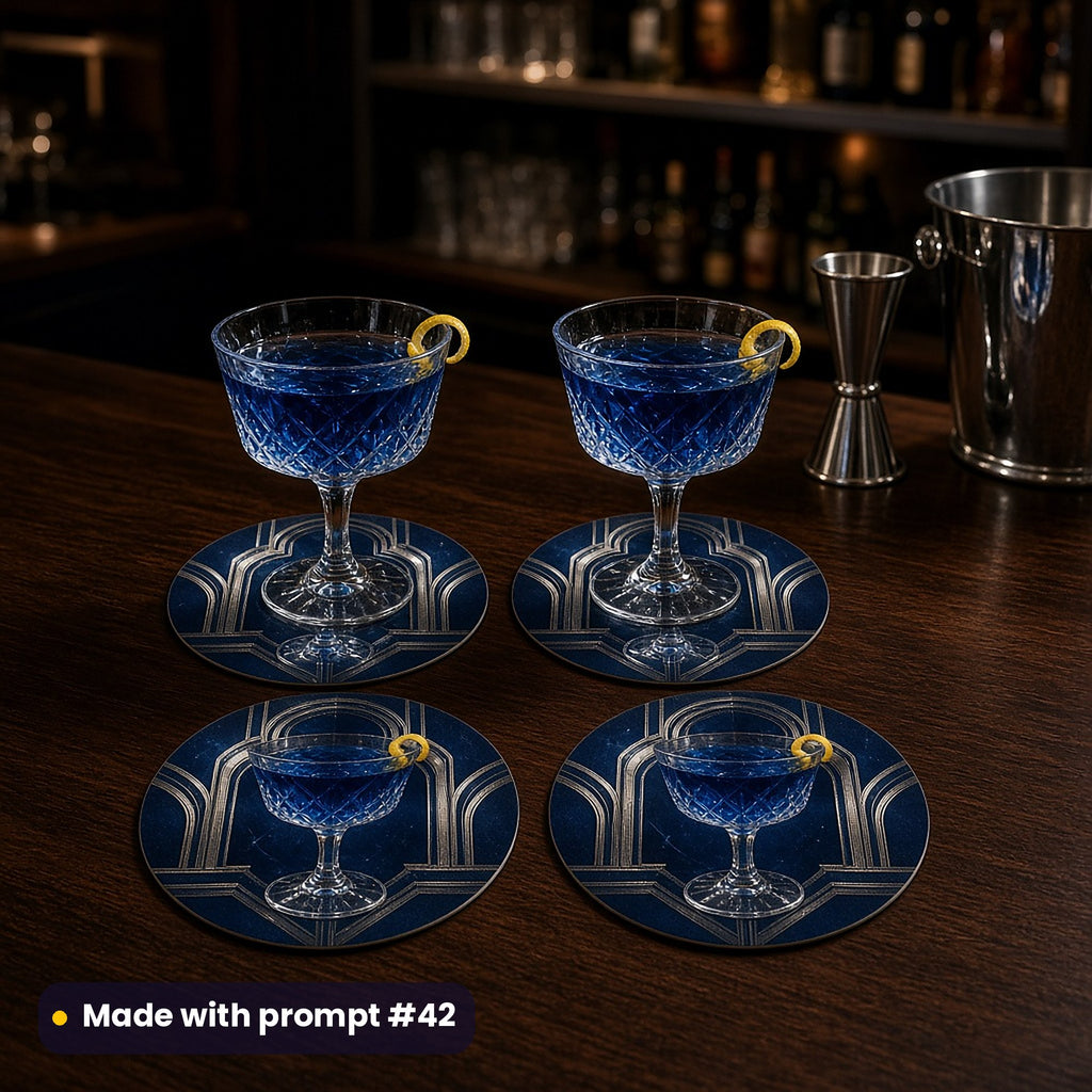 Four round coasters printed with sapphire cocktails under stepped silver Deco arches on midnight navy, with crystal glasses of blue drinks on a dark walnut home bar beside a jigger and ice bucket, made with prompt #42
