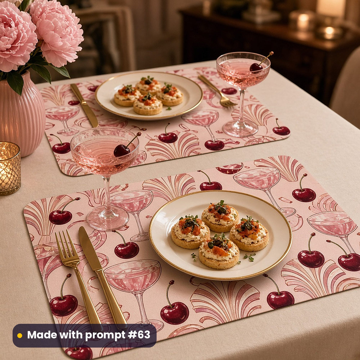 Two placemats printed with blush-pink cocktails, cherries and scalloped Deco fans, laid for a party with canapés, pink coupes, gold cutlery and peonies, made with prompt #63
