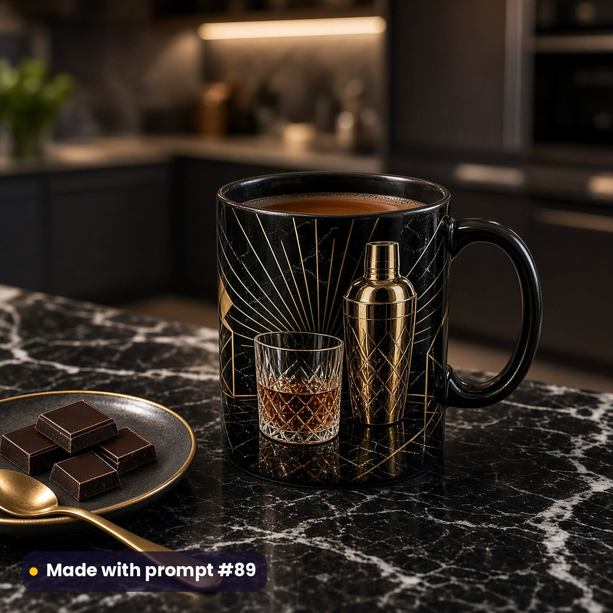 Black mug with a vector print of a cut-glass tumbler and gold cocktail shaker on black marble with gold sunburst lines, on a black marble counter with dark chocolate and a gold spoon, made with prompt #89