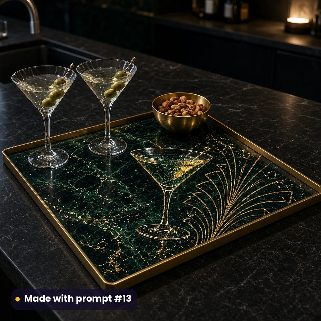 Brass-rimmed tray printed with a martini glass and gold Deco fan on emerald marble, holding two martinis with olives and a gold bowl of nuts on a dark kitchen island, made with prompt #13