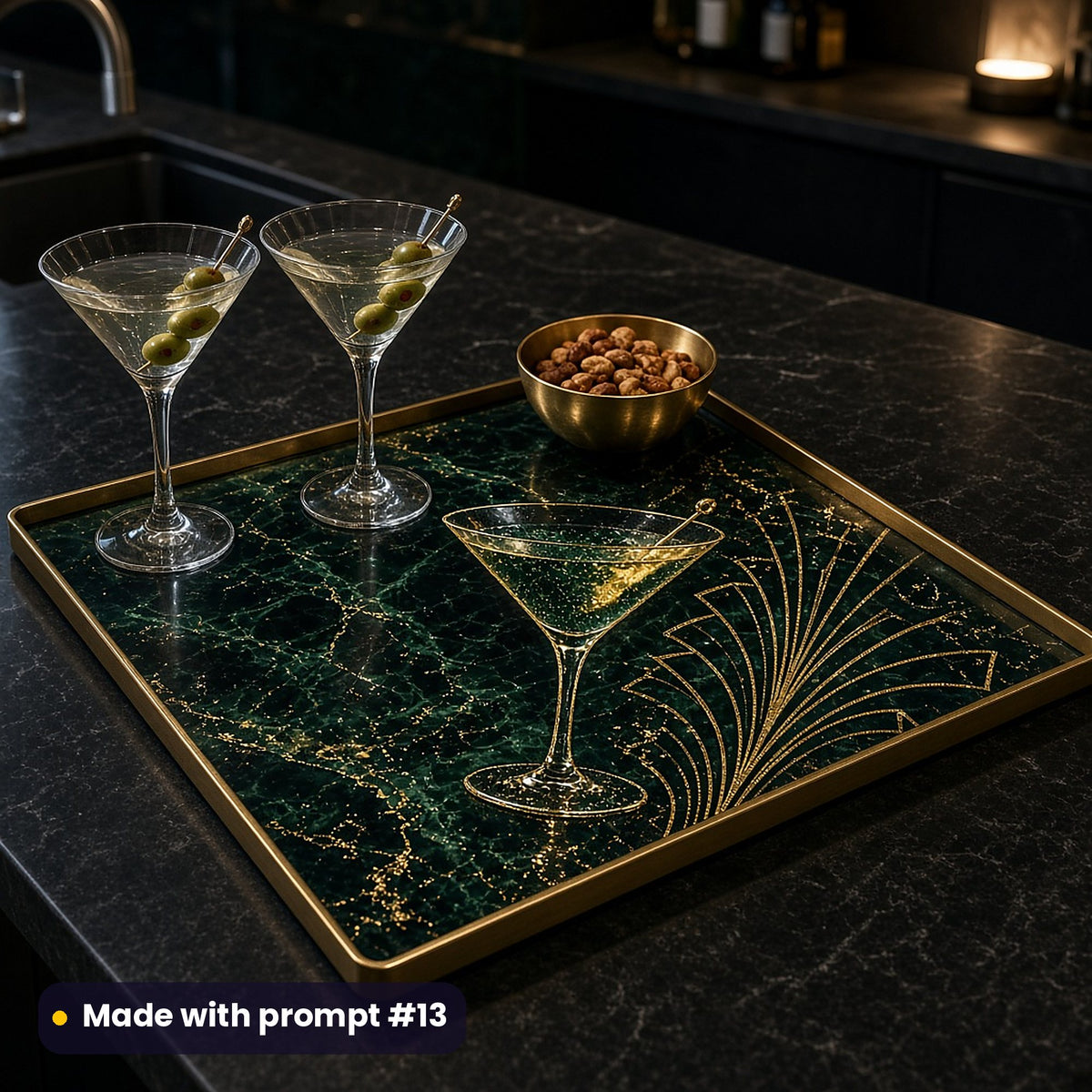 Brass-rimmed tray printed with a martini glass and gold Deco fan on emerald marble, holding two martinis with olives and a gold bowl of nuts on a dark kitchen island, made with prompt #13