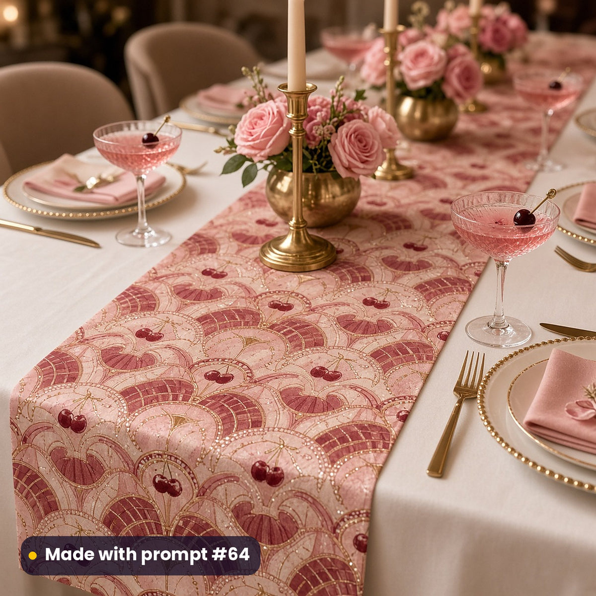 Long table runner printed with pink cocktails, cherries and scalloped Deco fans in rose and burgundy, on a white party table with gold candlesticks, pink roses and coupes, made with prompt #64