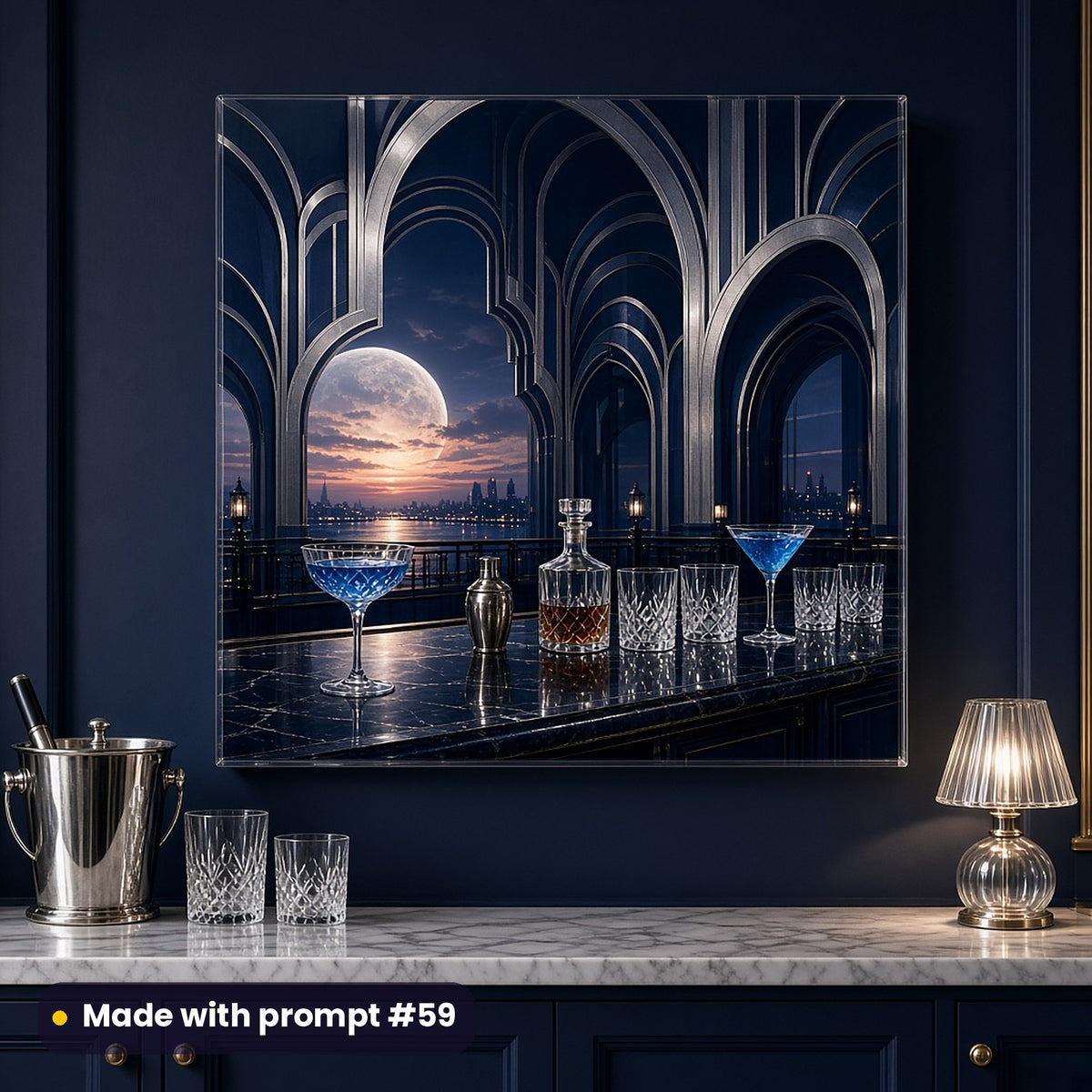 Acrylic wall art of a moonlit Deco bar with sapphire cocktails, crystal glassware and silver arches, on a navy kitchen wall above a marble counter with an ice bucket, glasses and a glowing lamp, made with prompt #59