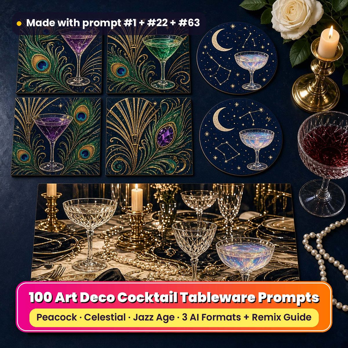 Art Deco tableware on a navy table: square coasters printed with peacock feathers, jewel cocktails and gold fans, round coasters printed with a crescent moon, constellations and an opal cocktail, and a placemat printed with a 1920s supper table of crystal, pearls and candles, beside a crystal glass, pearls, a gold candlestick and a white rose, made with prompt #1 + #22 + #63